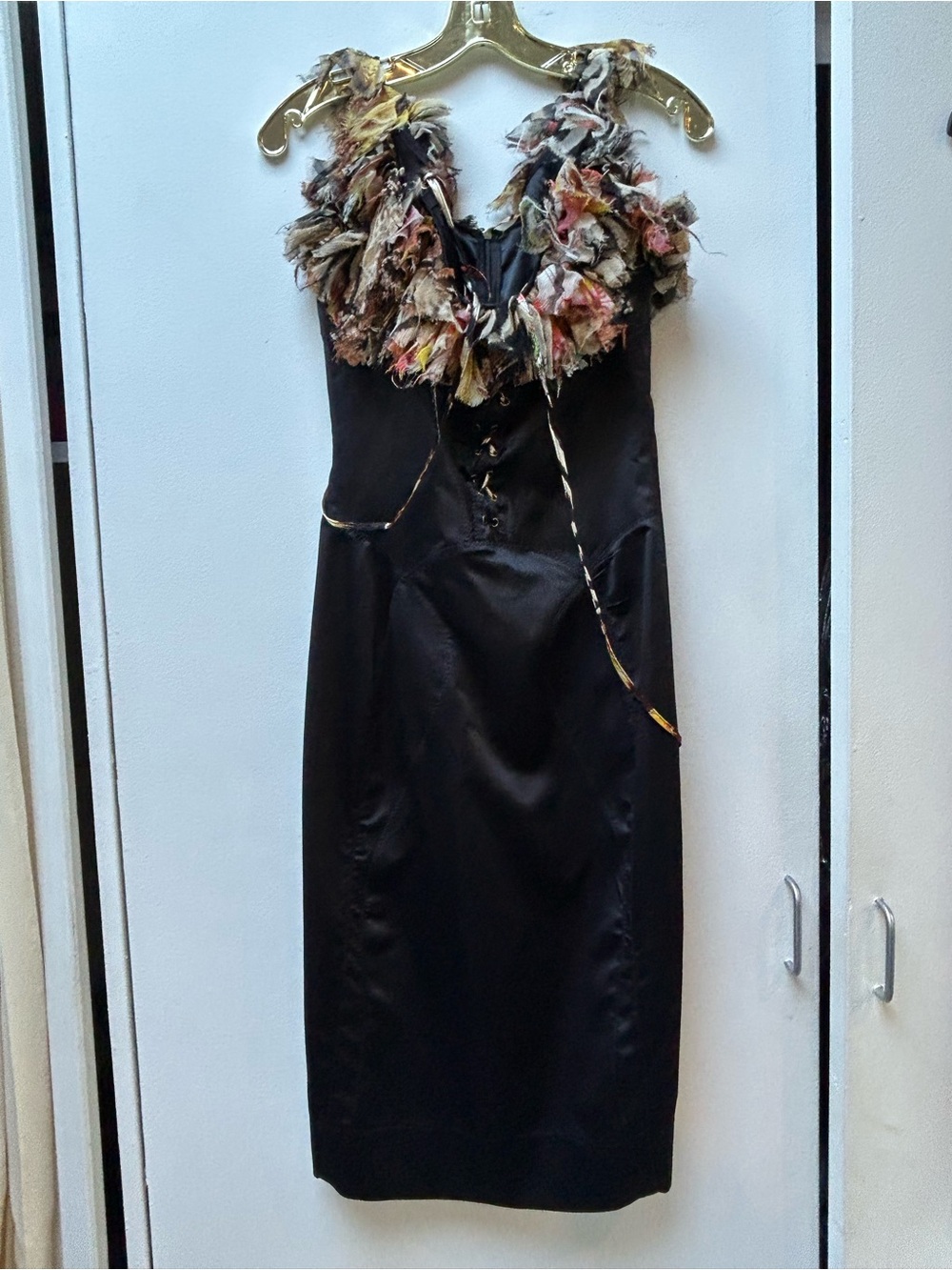 Roberto Cavalli Black Satin Midi Dress with Multicolor Feather Trim